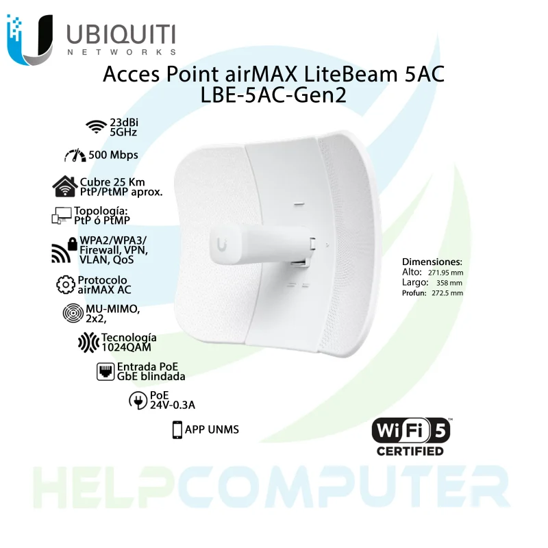 Antena Ubiquiti airMAX LiteBeam 5AC +15km 450mbps