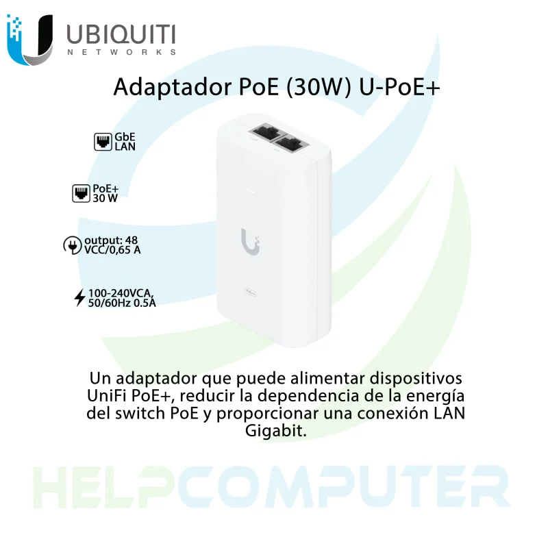 Inyector Ubiquiti U-PoE+ PoE 802.3AT 30W 48V 0,75A Gigabit