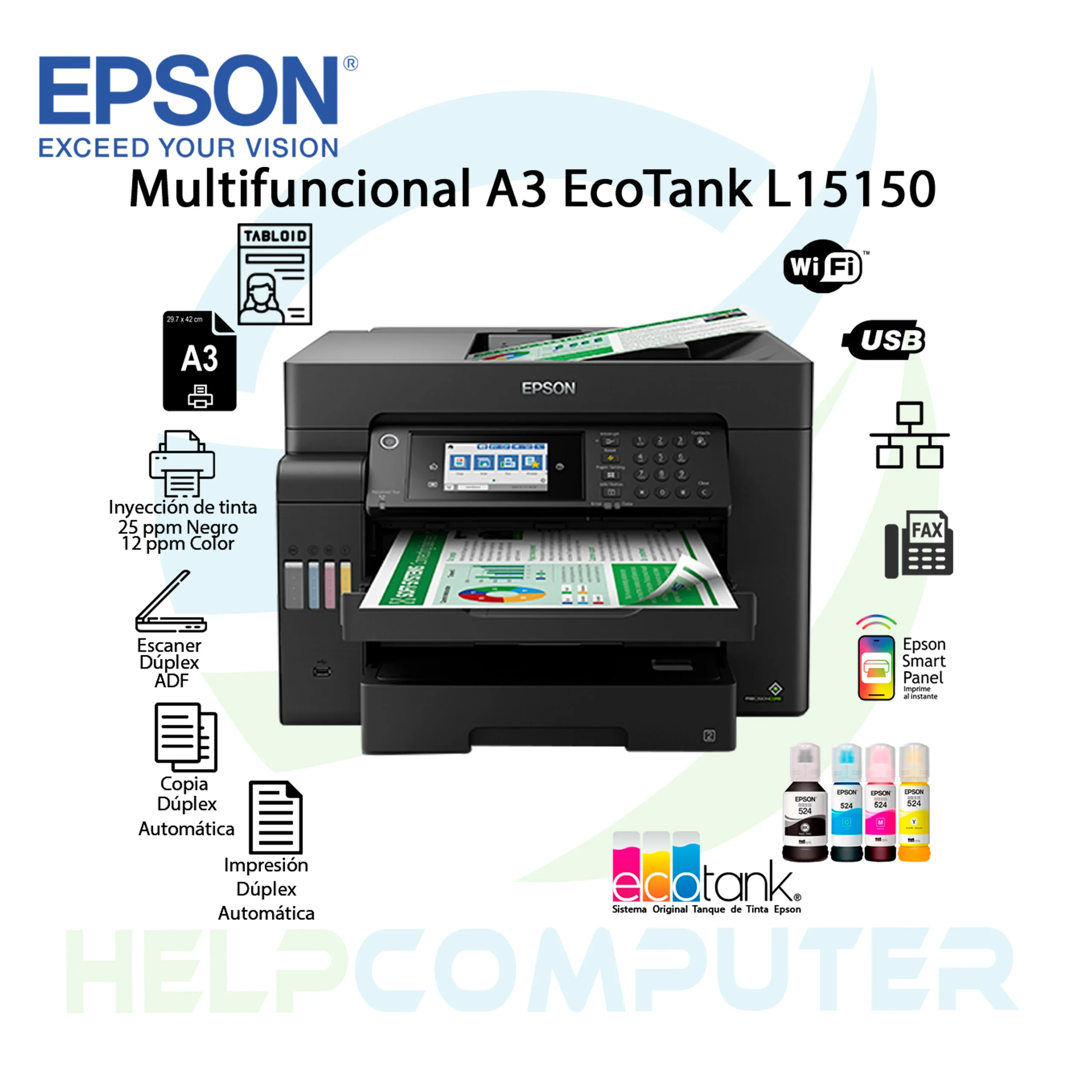 Impresora Multifuncional A3 EcoTank L15150 USB Wi-Fi Ethernet