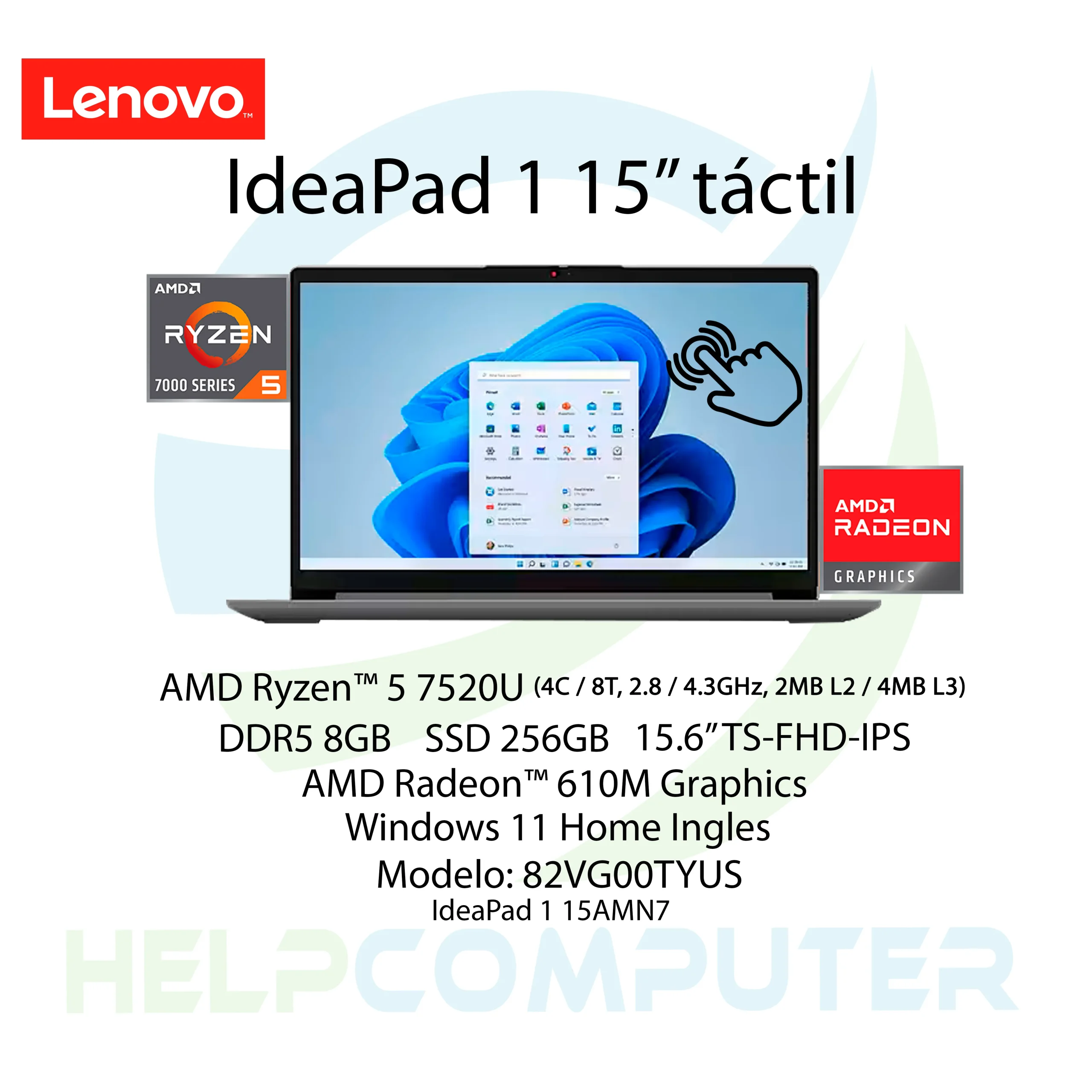 Laptop Lenovo IdeaPad 1 táctil AMD Ryzen 5 7520U 8GB DDR5 256GB SDD