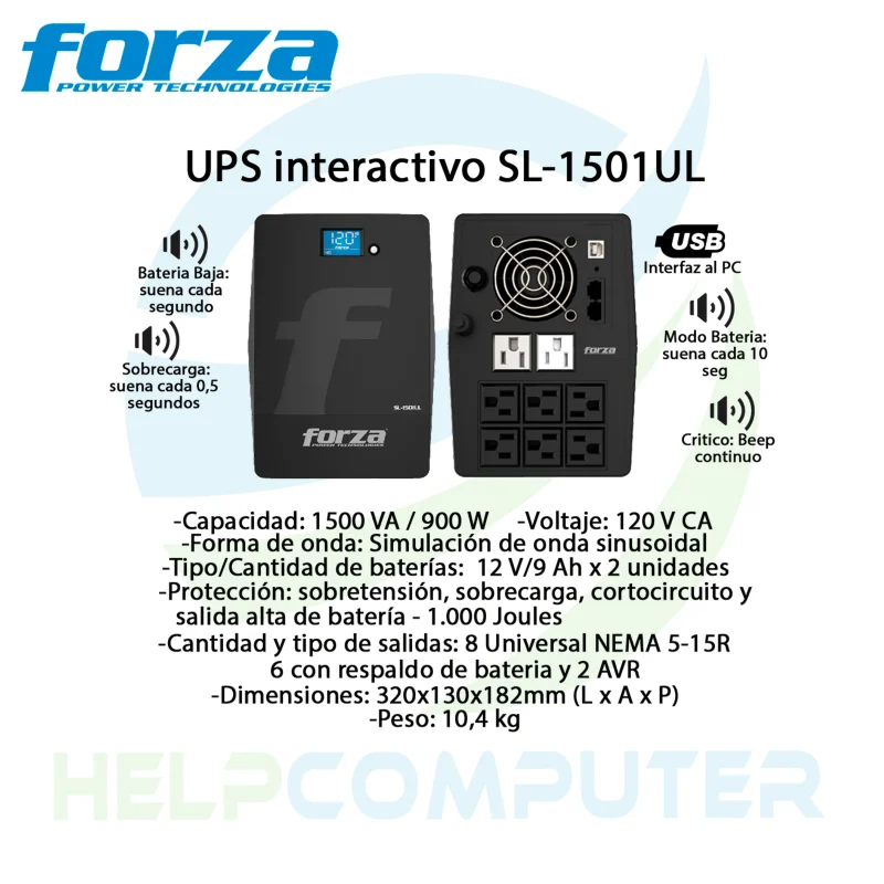 UPS Forza Interactivo 1500VA/900W, 8 salidas, LCD táctil, torre 120V