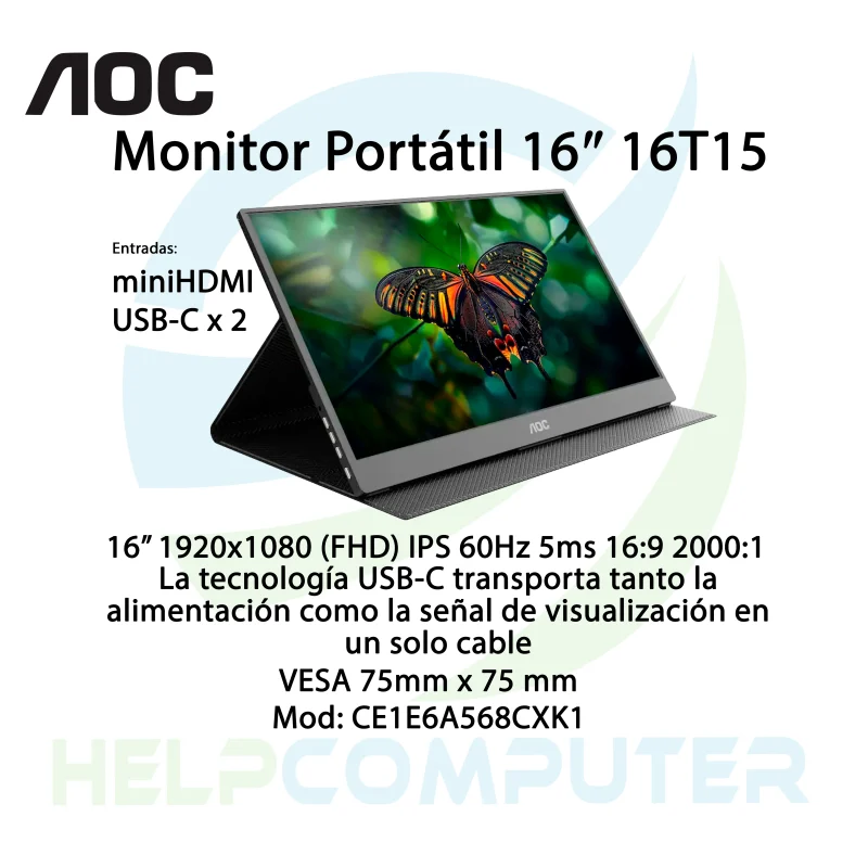 Monitor Portatil AOC 16″ 16T15 FHD USB-C HDMI mini