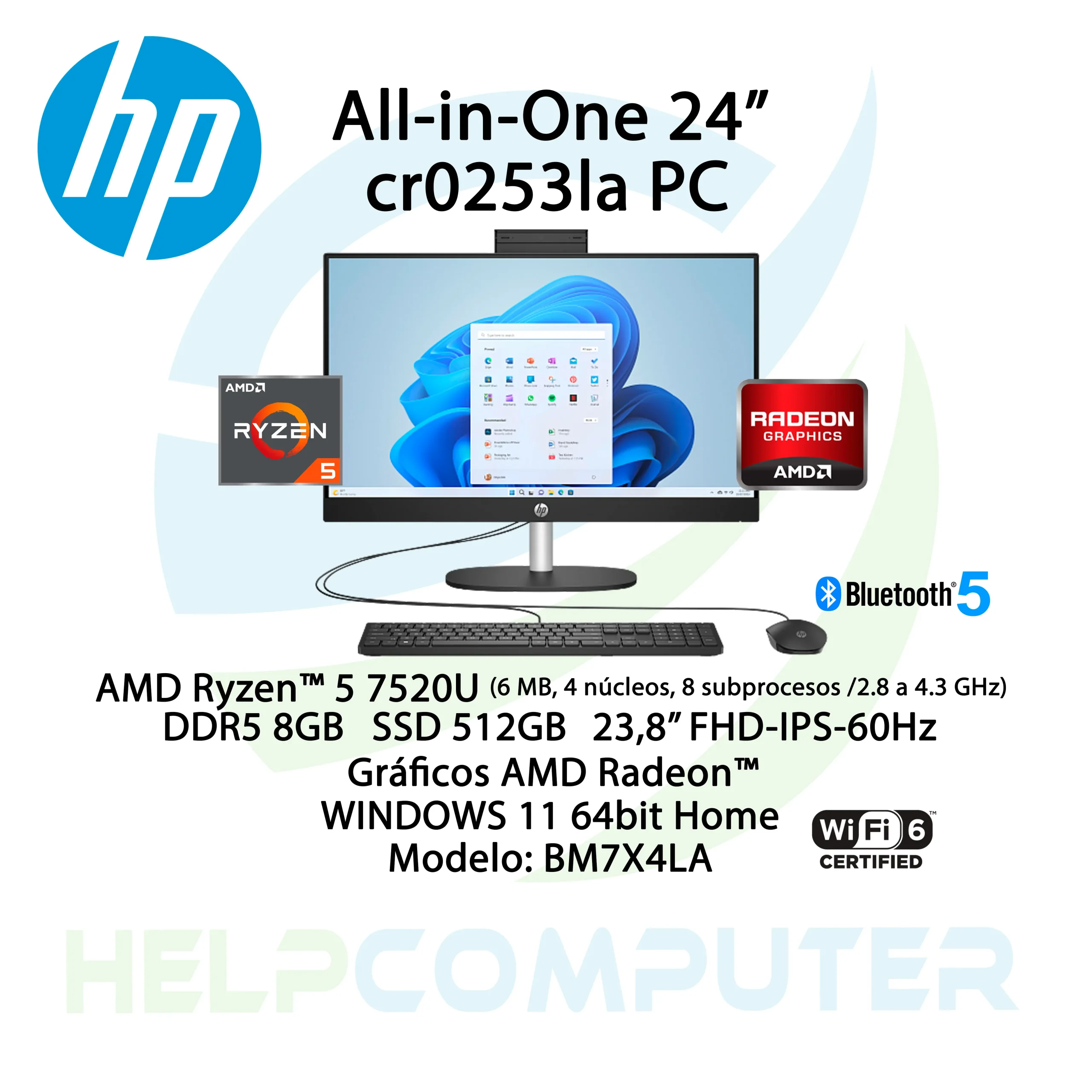 Computador todo en uno HP 24″ AMD Ryzen™ 5 7520U 8GB DDR5 512GB SSD