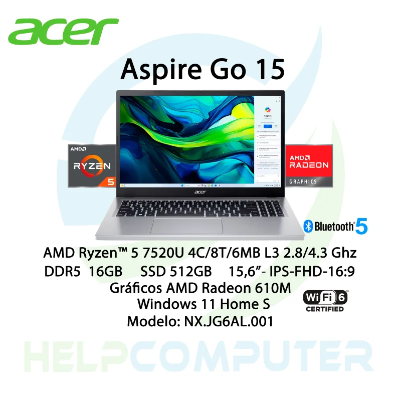 Laptop Acer Aspire Go15 AMD Ryzen 5 15.6″ 16GB 512GB SSD