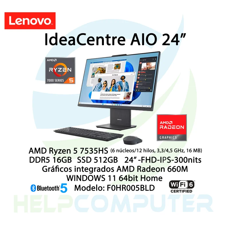 Computador Lenovo Idea Centre AIO 24″ AMD Ryzen 5 7535HS 16GB DDR5 512GB SDD