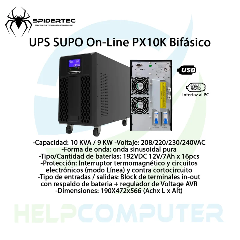 UPS Bifásico Spidertec On Line SUPO PX10K 10KVA 9KW