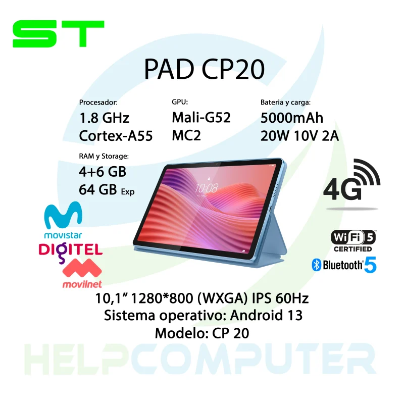 Tablet telefono ST PAD CP20 4G LTE Android 13 10.1″ Movistar/Digitel 4+6GB RAM 64GB ROM