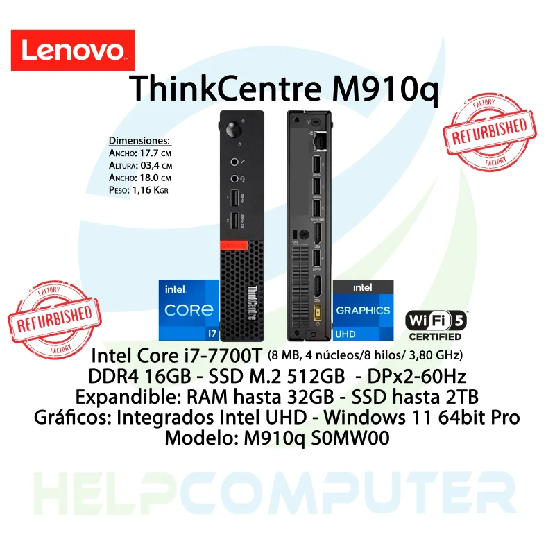 Computador Lenovo ThinkCentre M910q i7-7700T 16GB RAM 512GB M.2 SSD