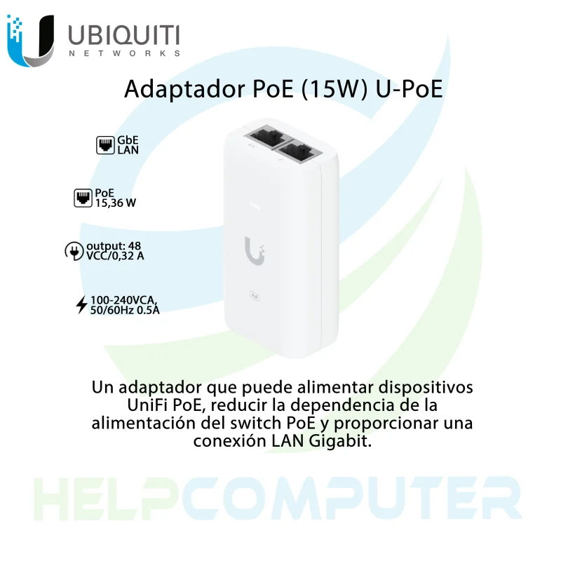 Inyector Ubiquiti U-POE IEEE 802.3af 15W 48V 0.32A Gigabit