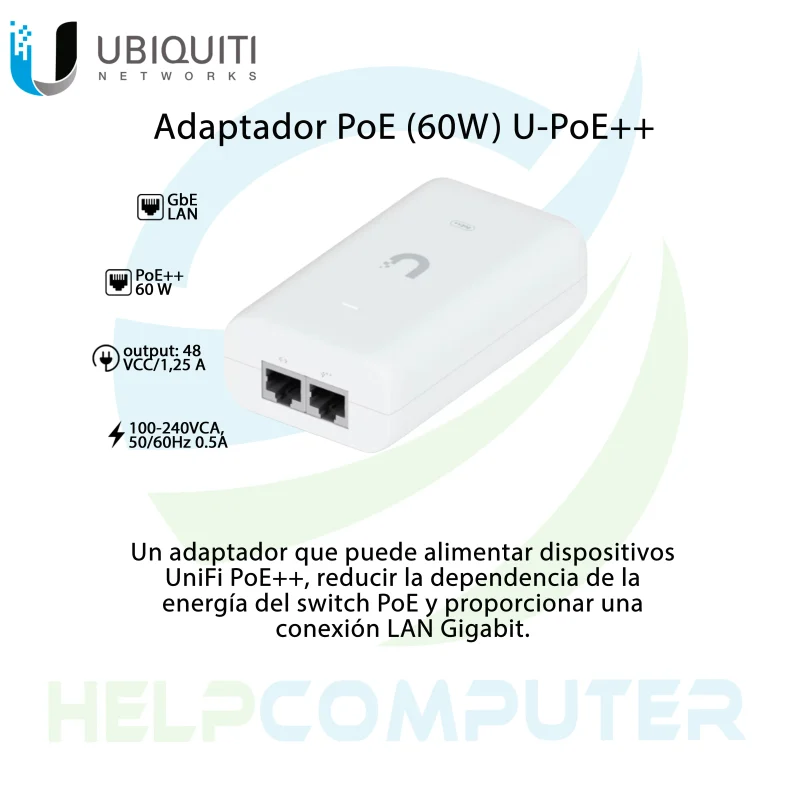 Inyector Ubiquiti U-POE++ 802.3bt 60W Gigabit